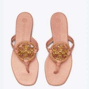 Tory Burch Jeweled Miller Logo Sandals Womens Size 11 Pink Thong Leather Shoes